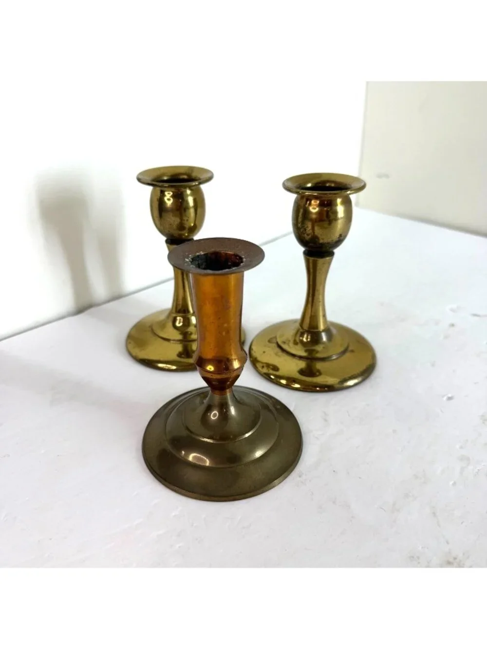 Vintage Brass Candlestick Holders Set of 3 Mixed Brass India Mid-Century Style